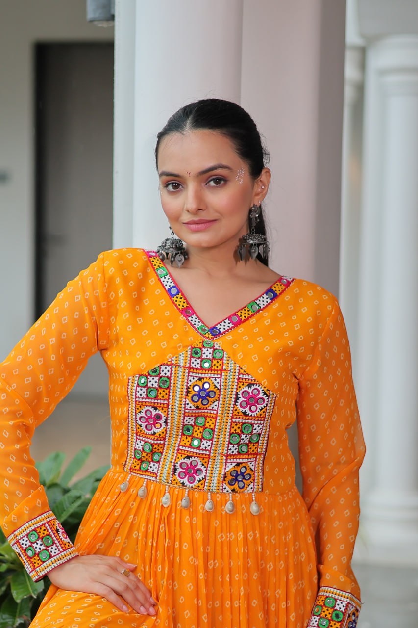 Bandhani Print Kutchi Patchwork Gown in Faux Georgette Full Flair Ethnic Gown with Cotton Lining