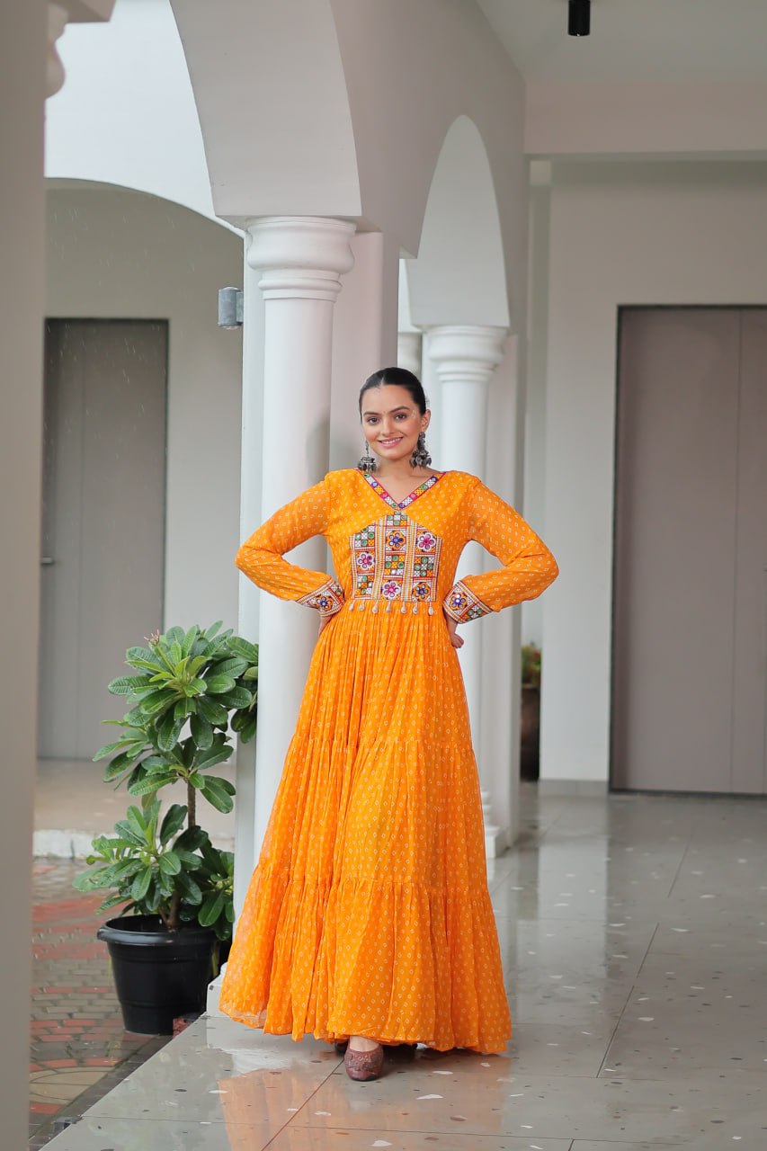 Bandhani Print Kutchi Patchwork Gown in Faux Georgette Full Flair Ethnic Gown with Cotton Lining