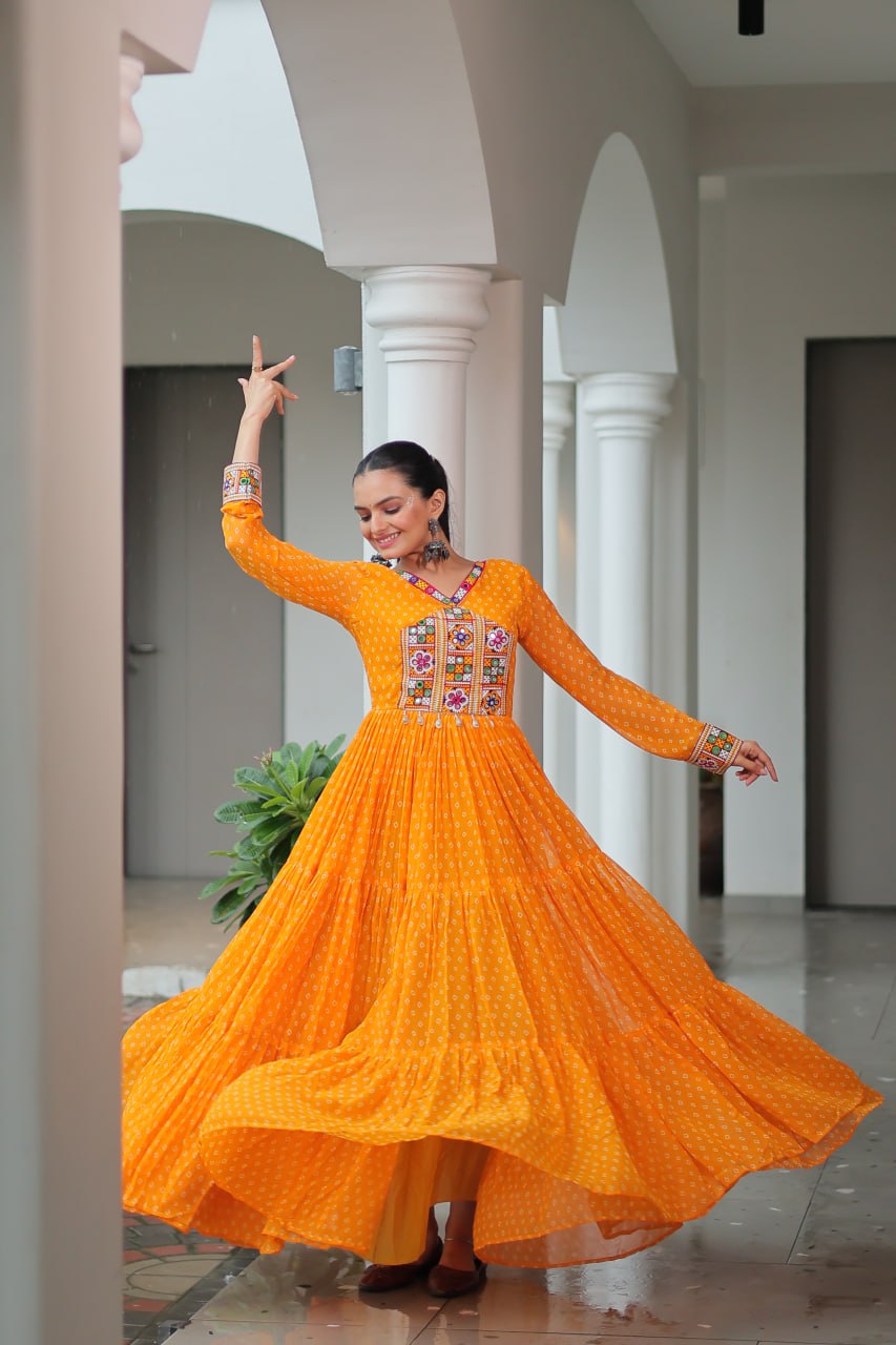 Bandhani Print Kutchi Patchwork Gown in Faux Georgette Full Flair Ethnic Gown with Cotton Lining