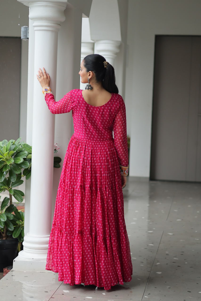 Bandhani Print Kutchi Patchwork Gown in Faux Georgette Full Flair Ethnic Gown with Cotton Lining