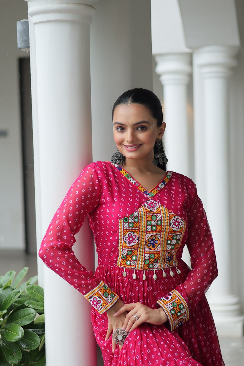 Bandhani Print Kutchi Patchwork Gown in Faux Georgette Full Flair Ethnic Gown with Cotton Lining