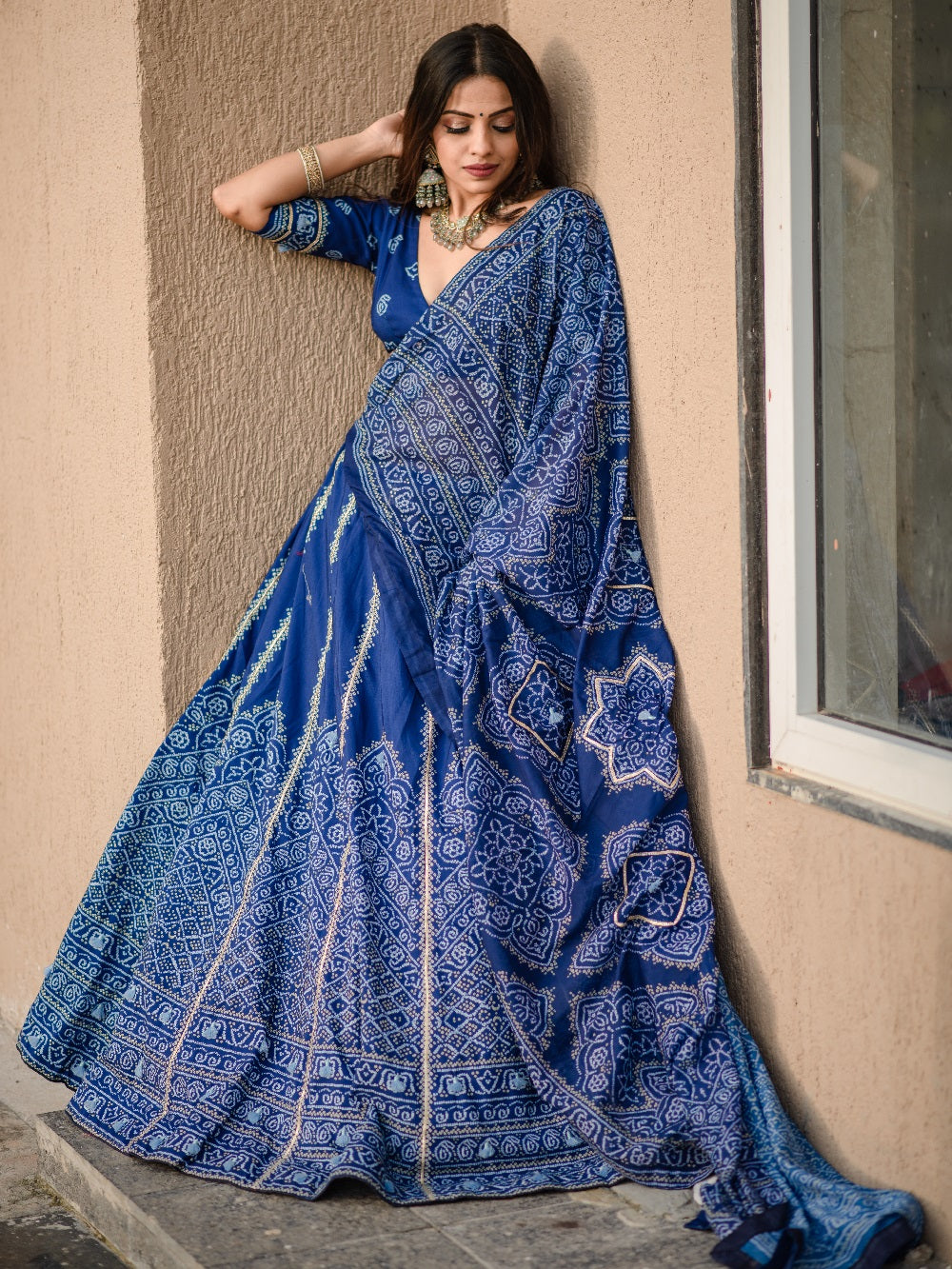 Navy blue vaishali silk bandhani print lehenga choli with gota patti dupatta