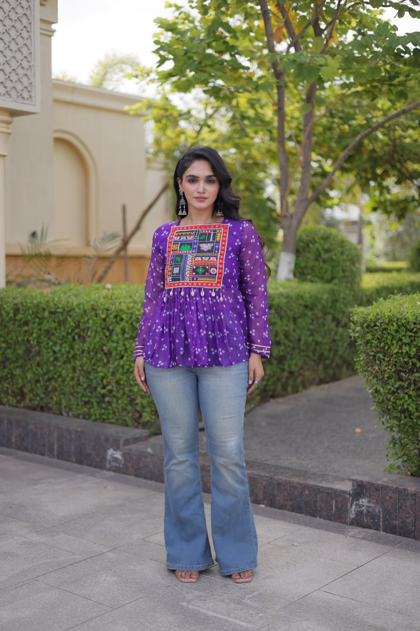 Bandhani Print Top with Kutchi Gamthi Patchwork