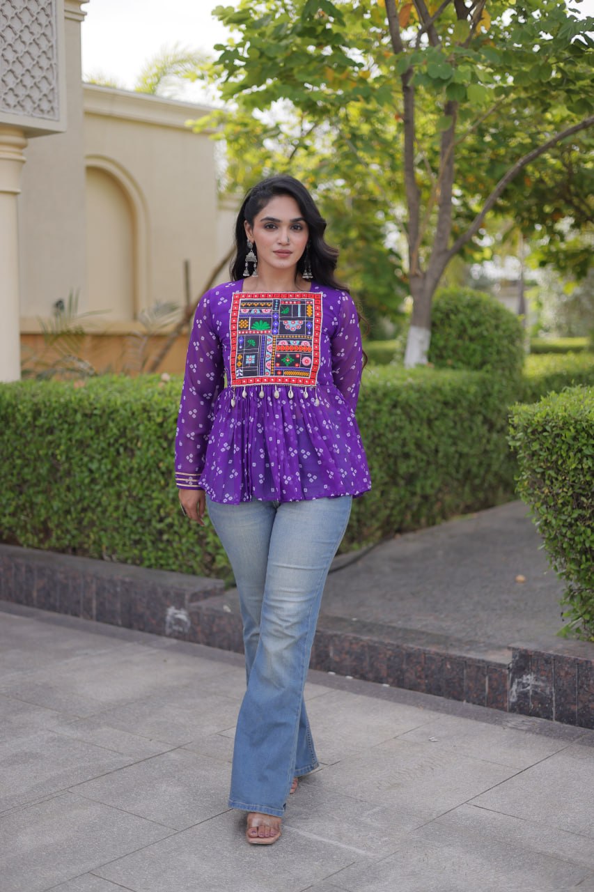Bandhani Print Top with Kutchi Gamthi Patchwork