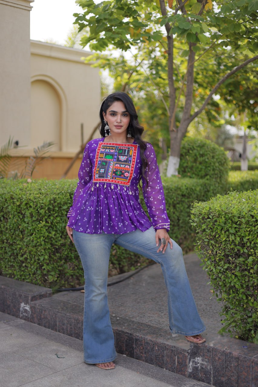 Bandhani Print Top with Kutchi Gamthi Patchwork