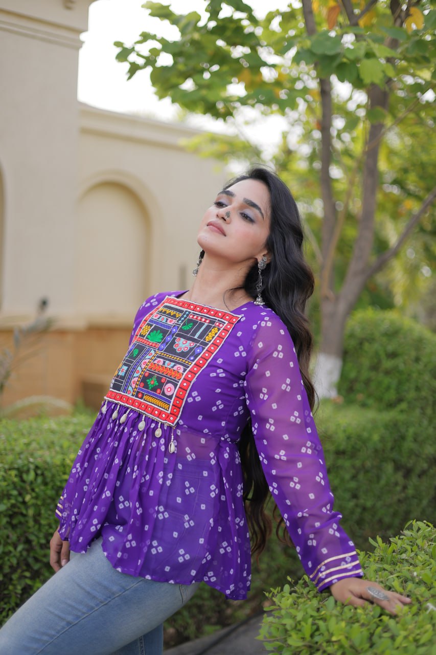 Bandhani Print Top with Kutchi Gamthi Patchwork