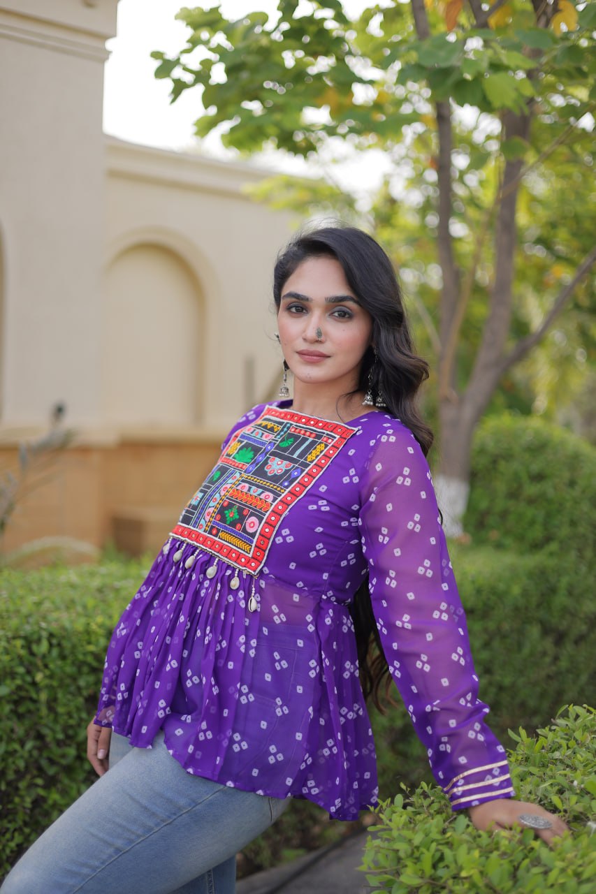 Bandhani Print Top with Kutchi Gamthi Patchwork
