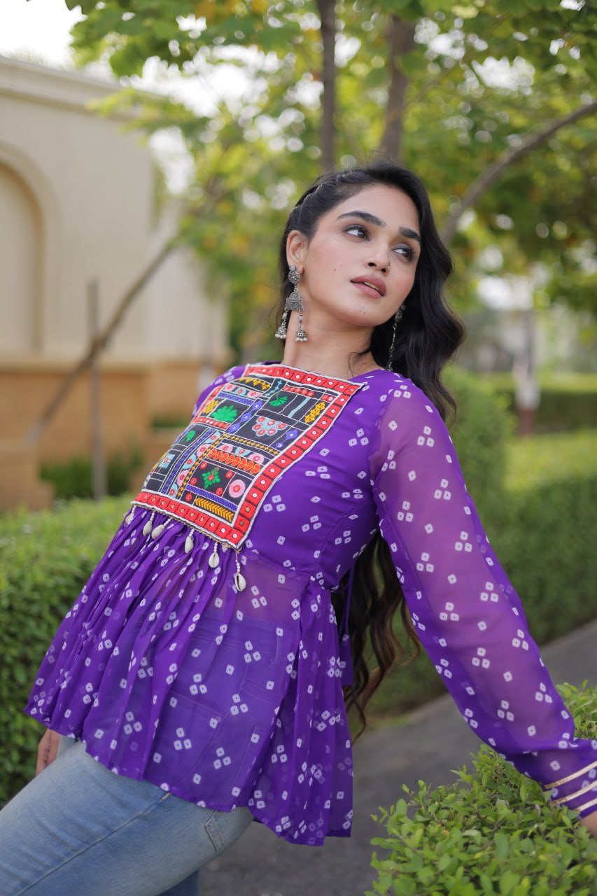 Bandhani Print Top with Kutchi Gamthi Patchwork