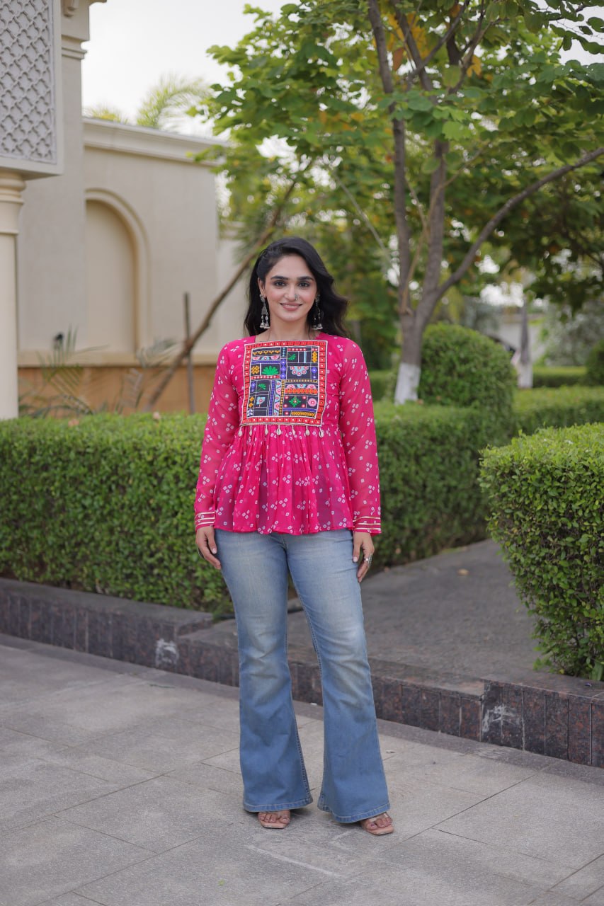 Bandhani Print Top with Kutchi Gamthi Patchwork