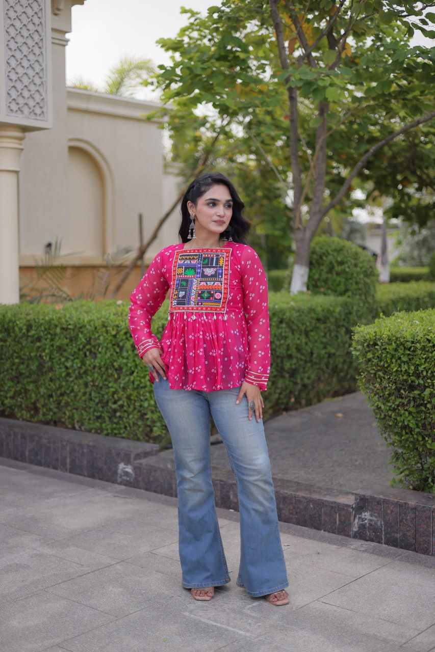 Bandhani Print Top with Kutchi Gamthi Patchwork