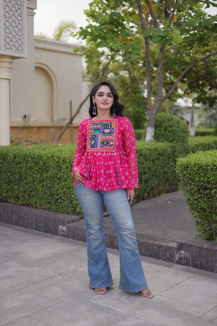 Bandhani Print Top with Kutchi Gamthi Patchwork