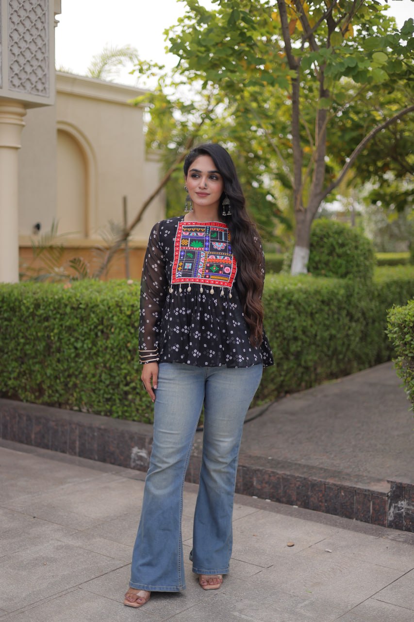Bandhani Print Top with Kutchi Gamthi Patchwork