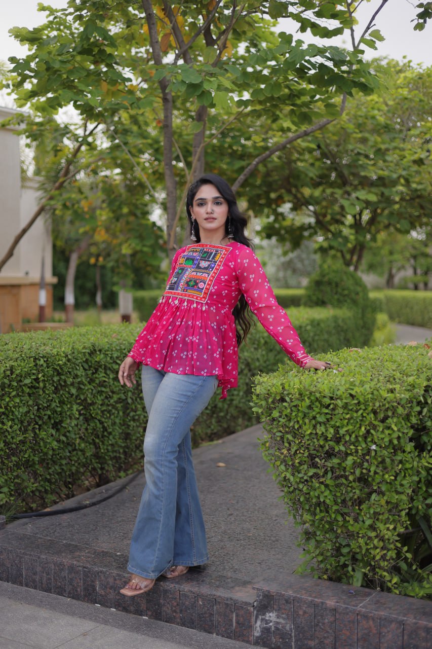 Bandhani Print Top with Kutchi Gamthi Patchwork