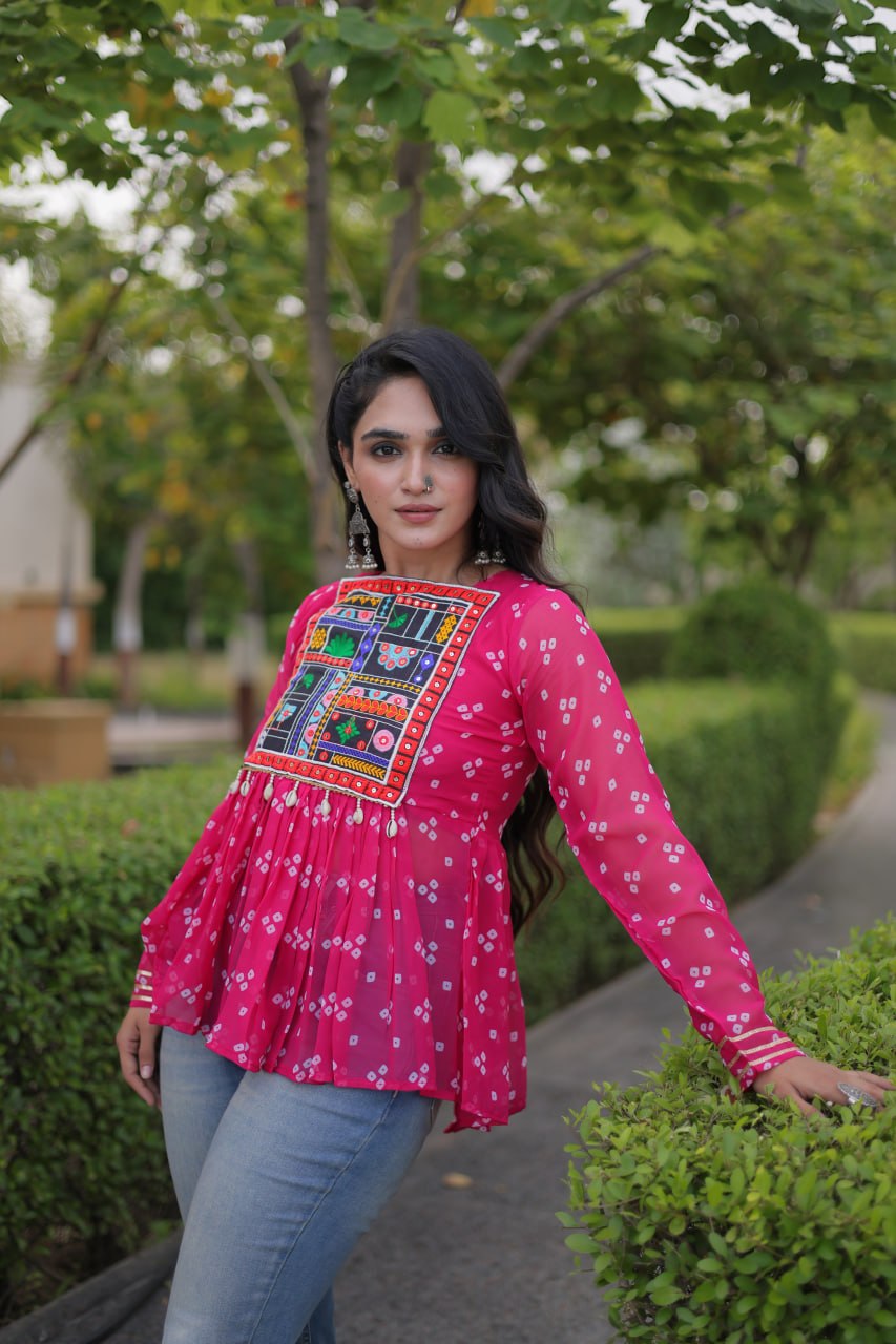 Bandhani Print Top with Kutchi Gamthi Patchwork