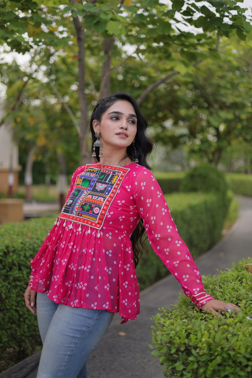 Bandhani Print Top with Kutchi Gamthi Patchwork