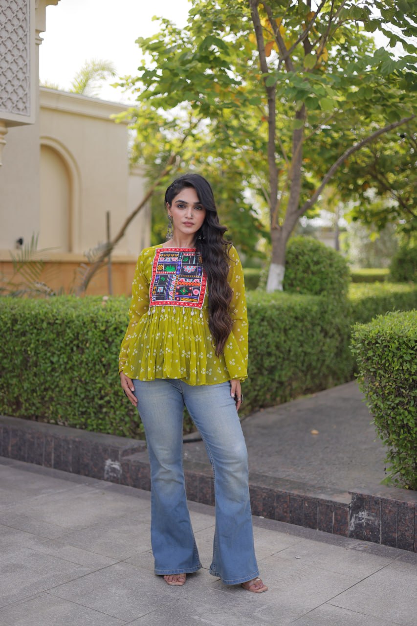 Bandhani Print Top with Kutchi Gamthi Patchwork
