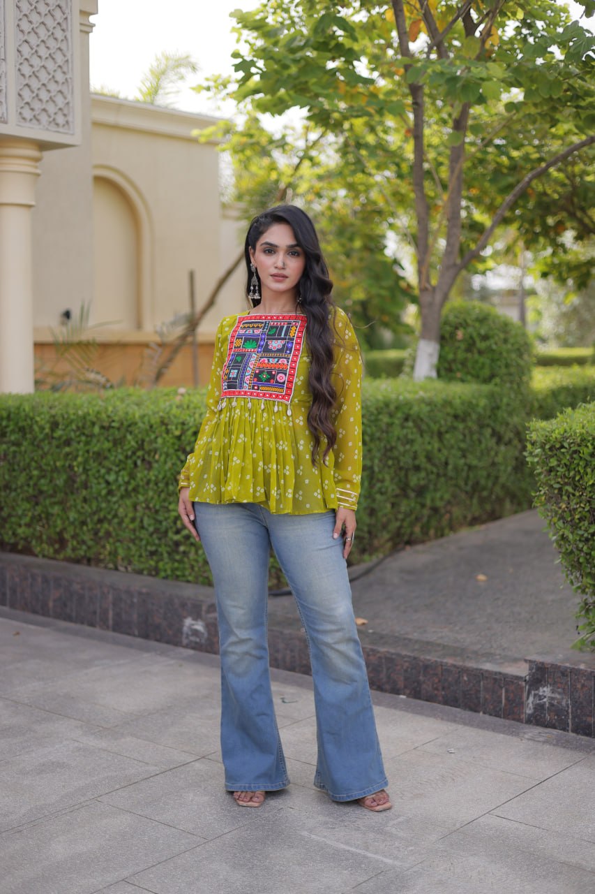 Bandhani Print Top with Kutchi Gamthi Patchwork