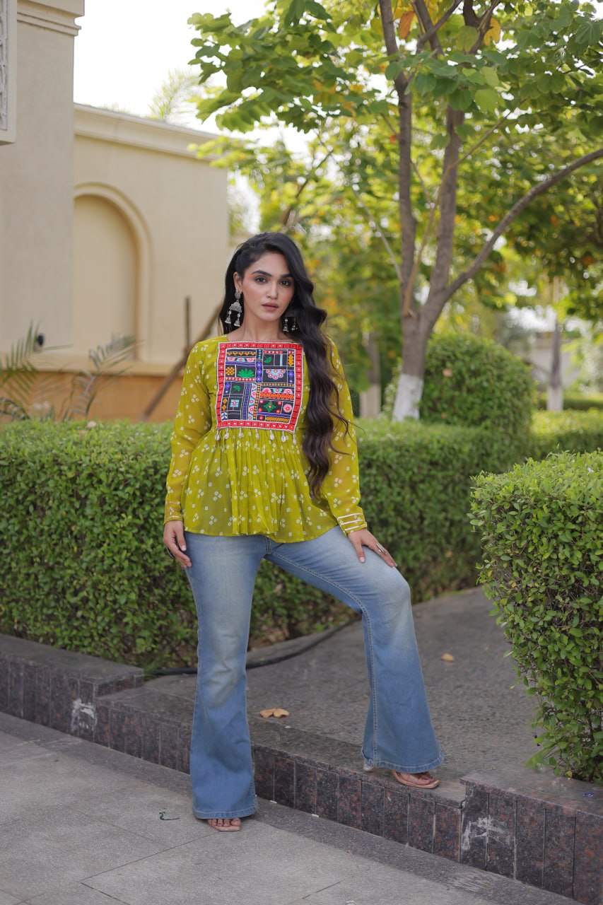 Bandhani Print Top with Kutchi Gamthi Patchwork