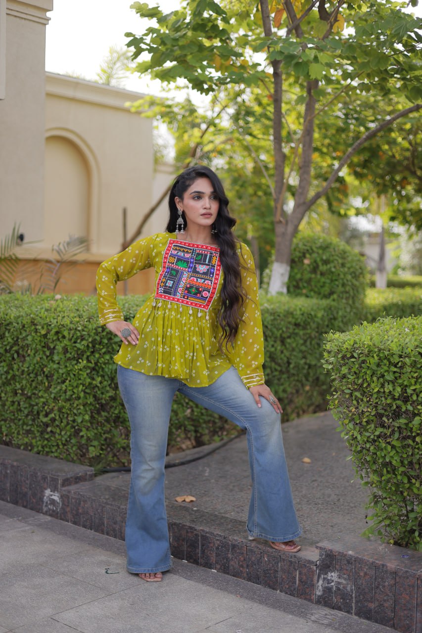 Bandhani Print Top with Kutchi Gamthi Patchwork