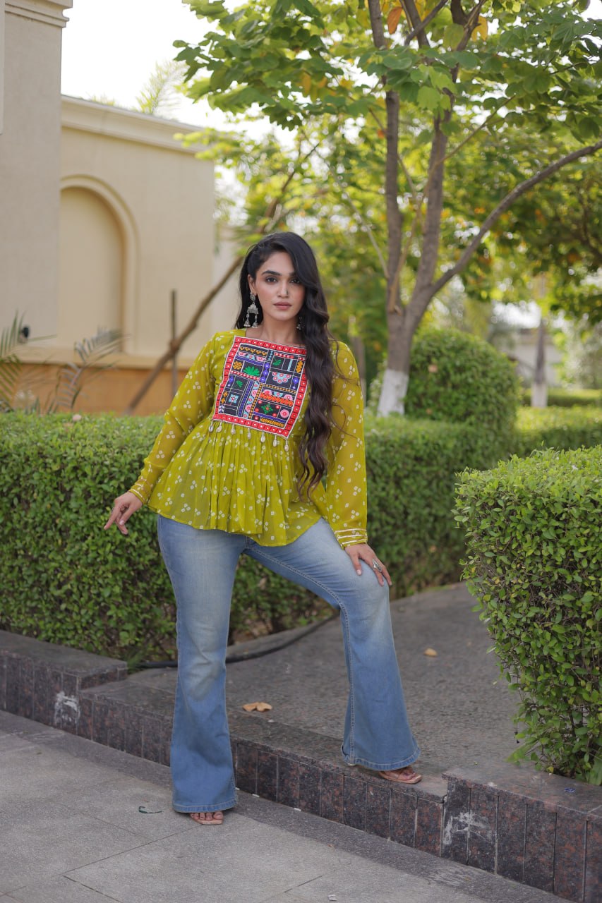 Bandhani Print Top with Kutchi Gamthi Patchwork