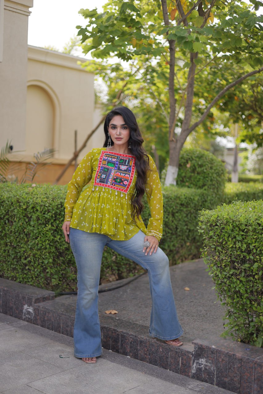 Bandhani Print Top with Kutchi Gamthi Patchwork