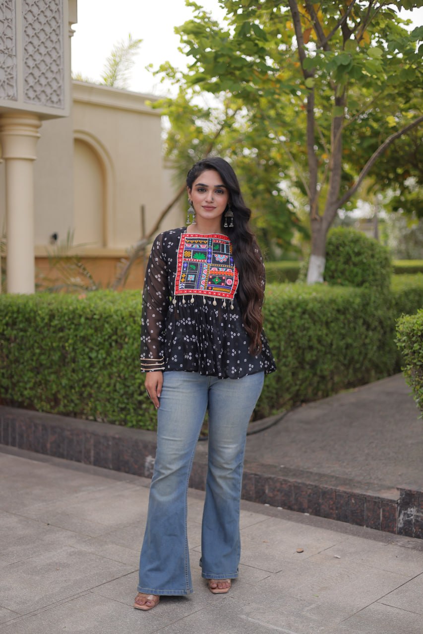 Bandhani Print Top with Kutchi Gamthi Patchwork