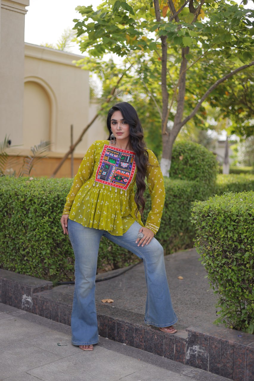 Bandhani Print Top with Kutchi Gamthi Patchwork