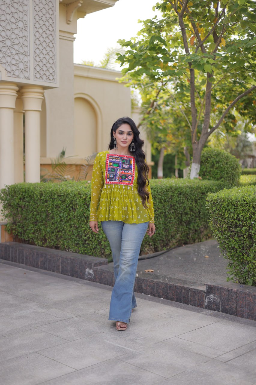Bandhani Print Top with Kutchi Gamthi Patchwork