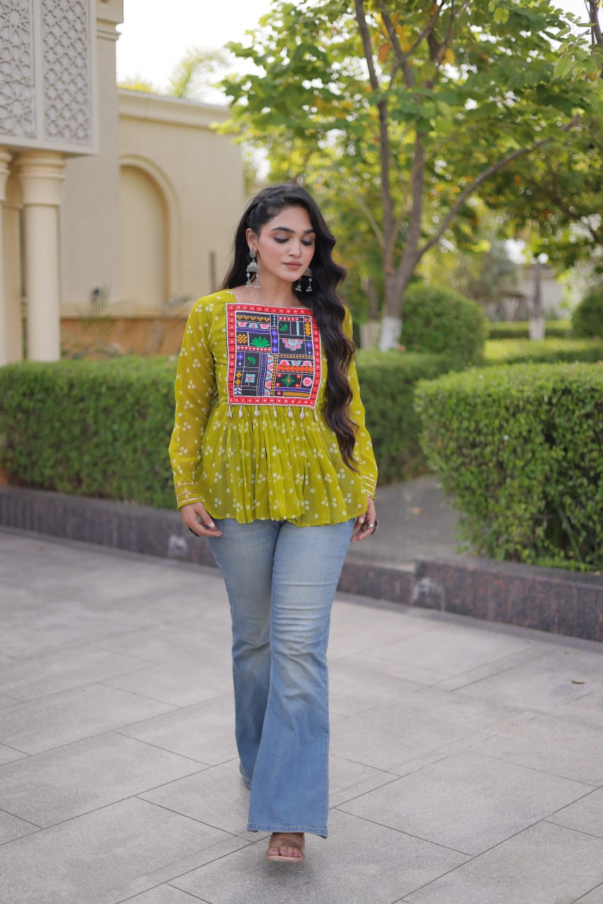 Bandhani Print Top with Kutchi Gamthi Patchwork