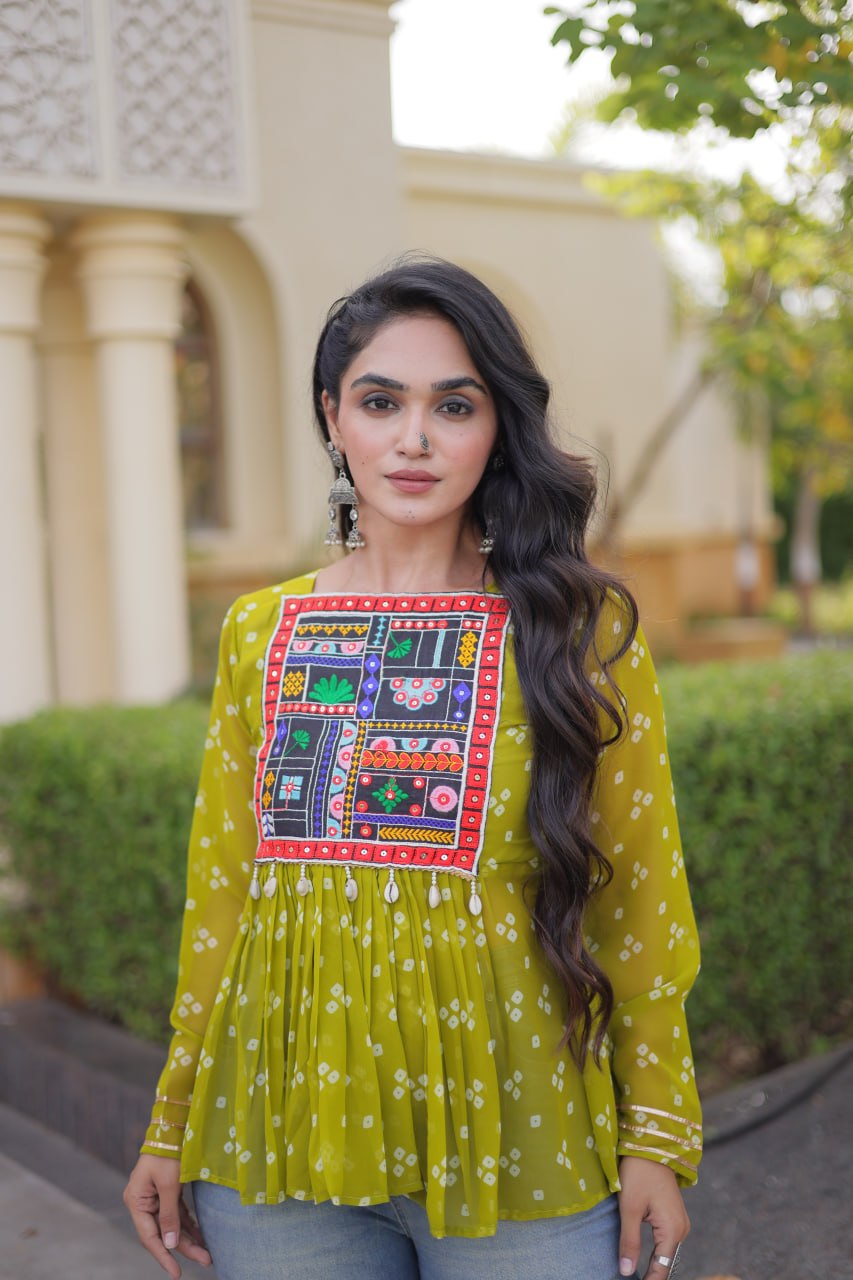 Bandhani Print Top with Kutchi Gamthi Patchwork