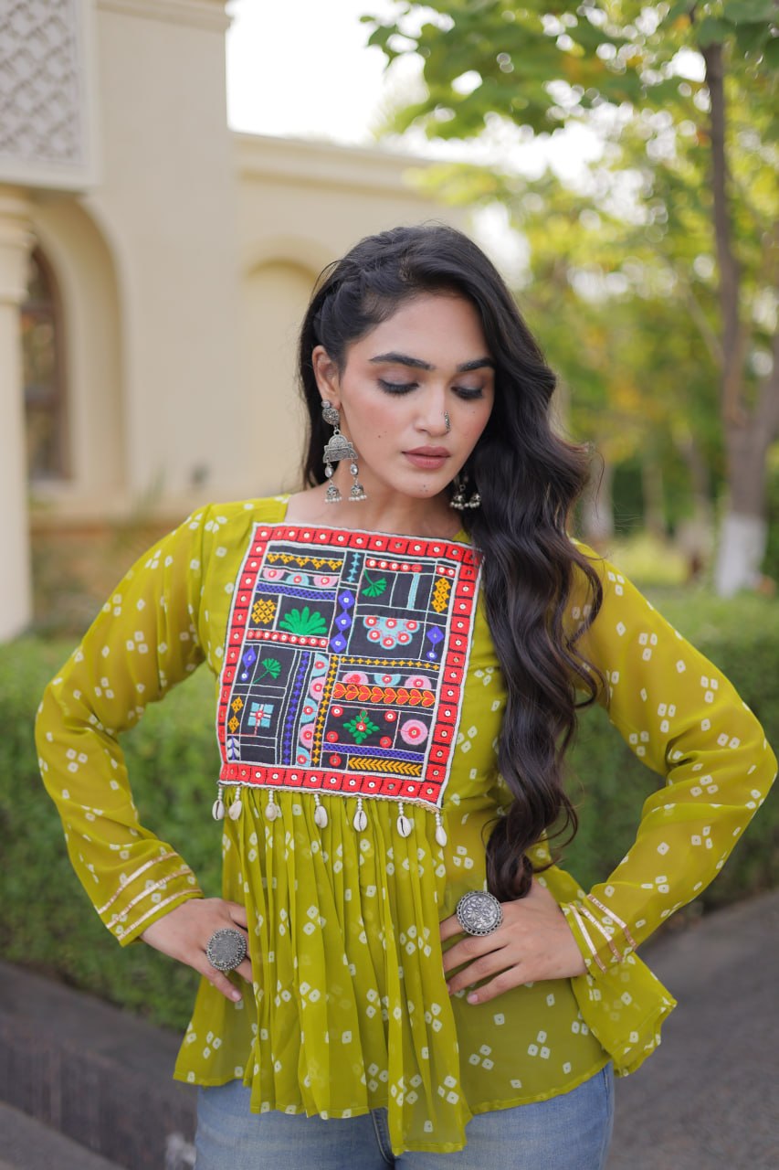 Bandhani Print Top with Kutchi Gamthi Patchwork