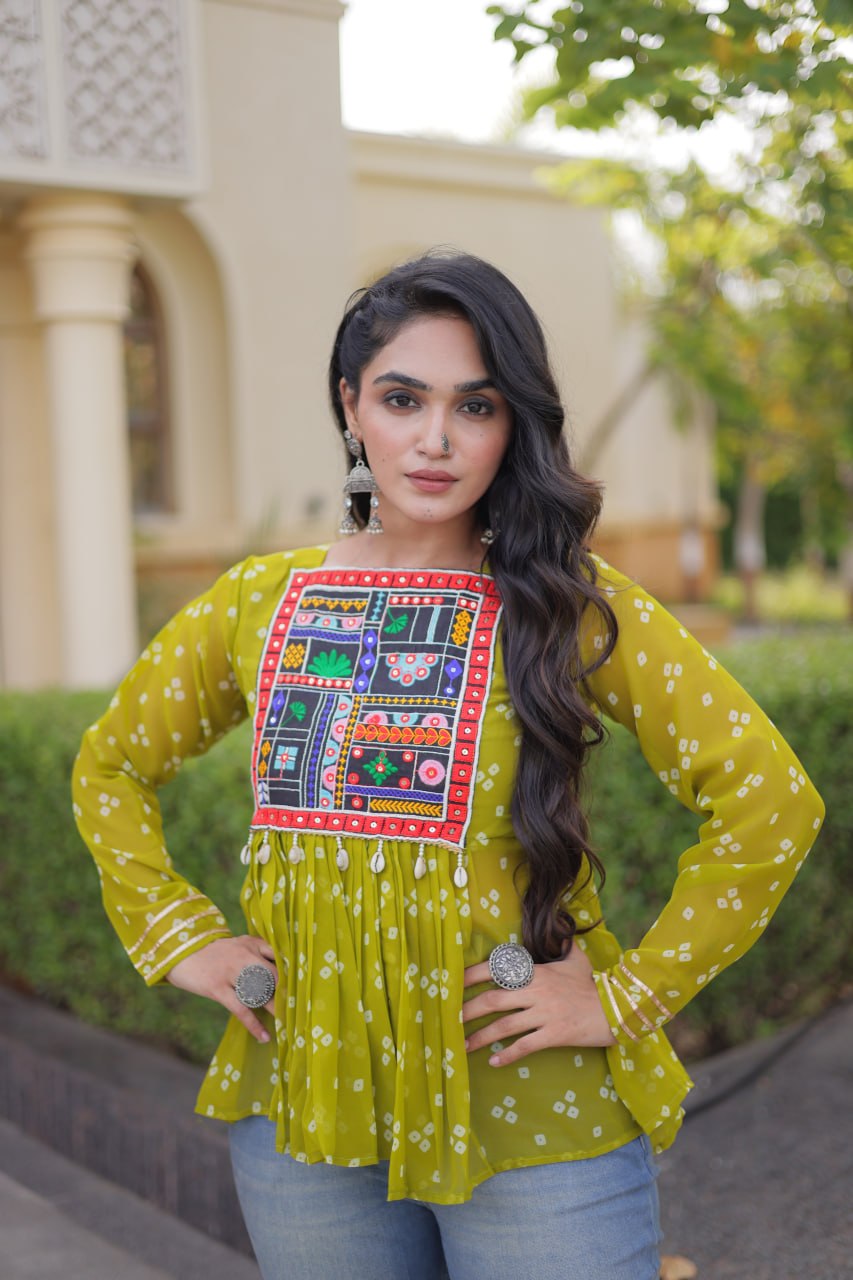 Bandhani Print Top with Kutchi Gamthi Patchwork