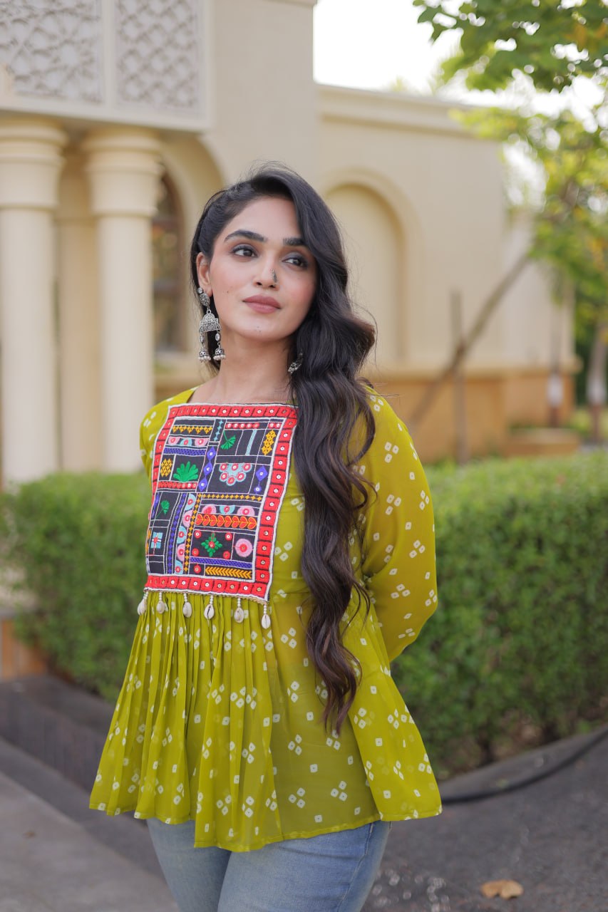 Bandhani Print Top with Kutchi Gamthi Patchwork