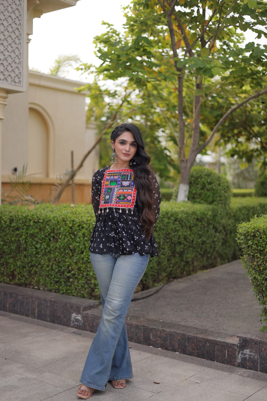 Bandhani Print Top with Kutchi Gamthi Patchwork