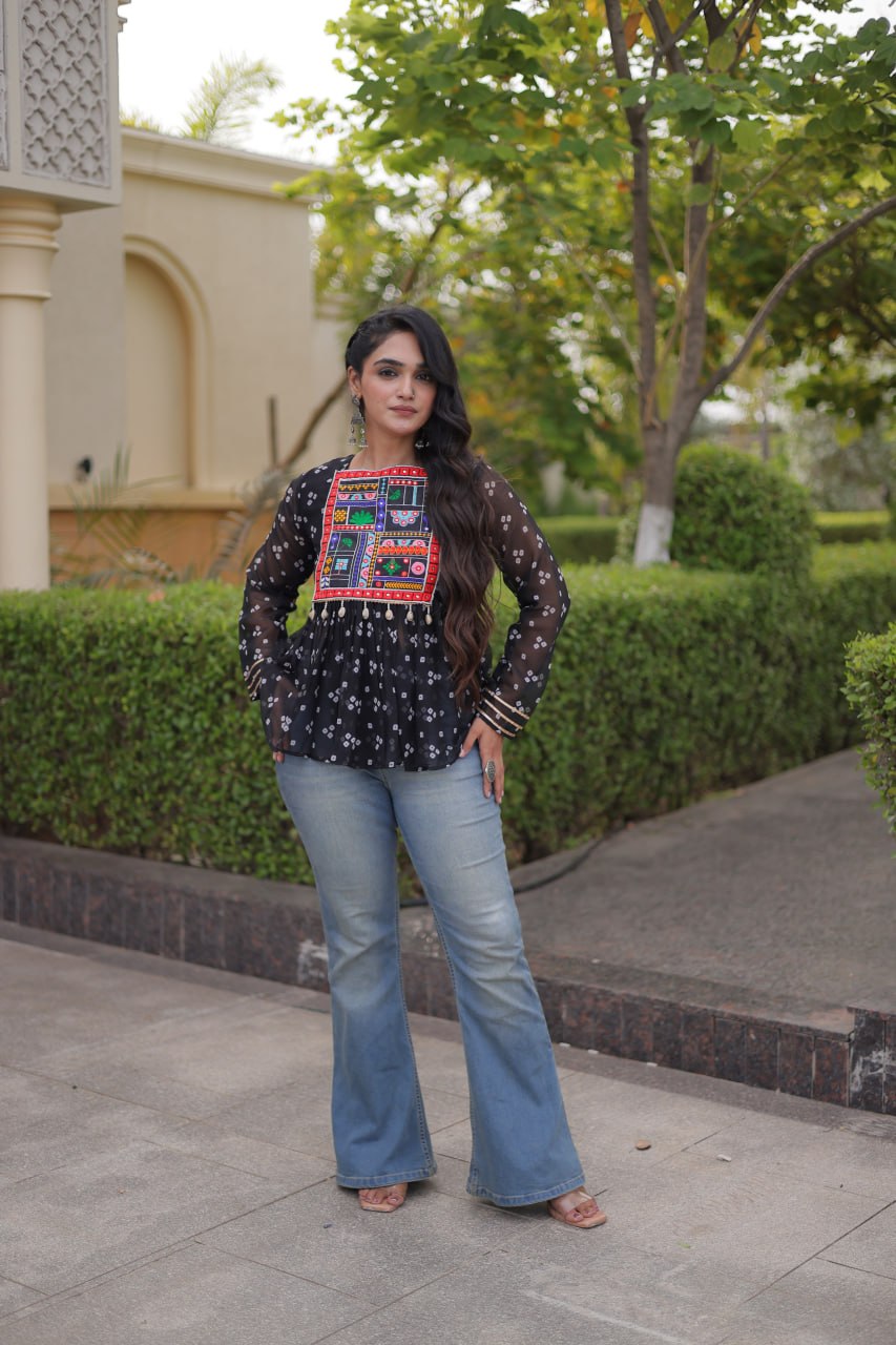 Bandhani Print Top with Kutchi Gamthi Patchwork