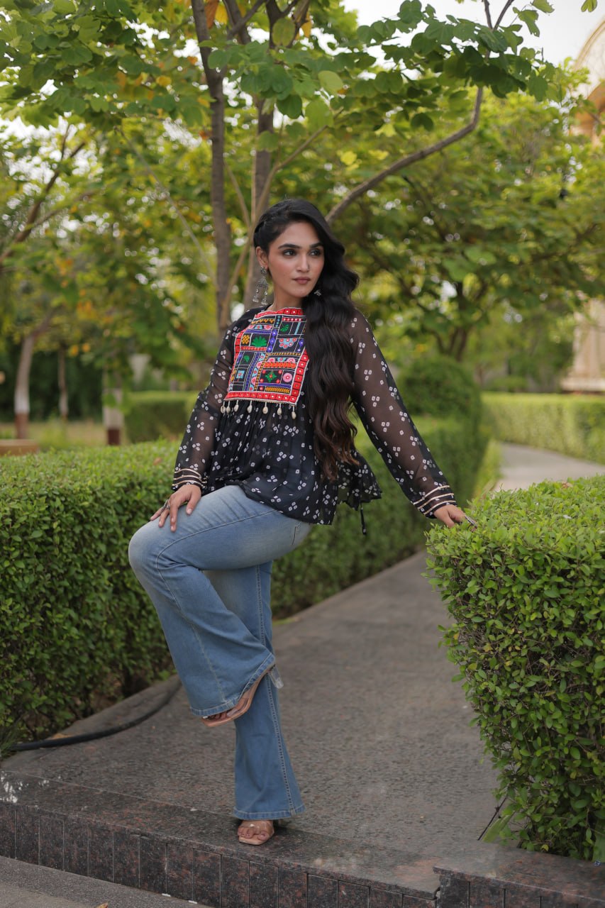 Bandhani Print Top with Kutchi Gamthi Patchwork