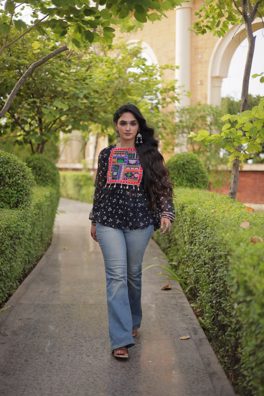 Bandhani Print Top with Kutchi Gamthi Patchwork