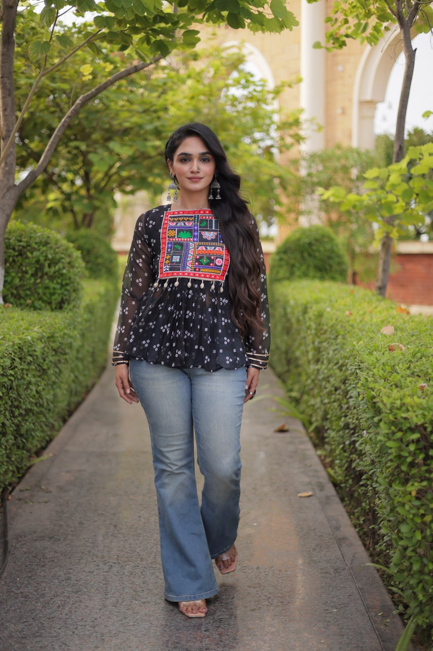 Bandhani Print Top with Kutchi Gamthi Patchwork
