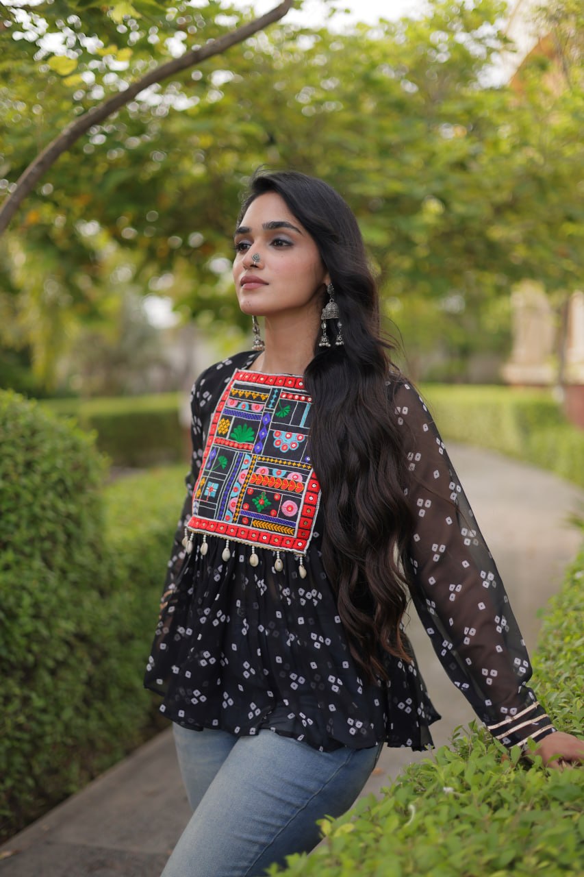 Bandhani Print Top with Kutchi Gamthi Patchwork