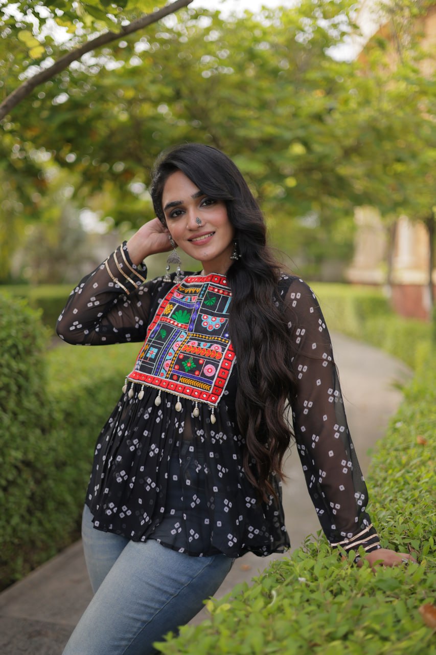 Bandhani Print Top with Kutchi Gamthi Patchwork