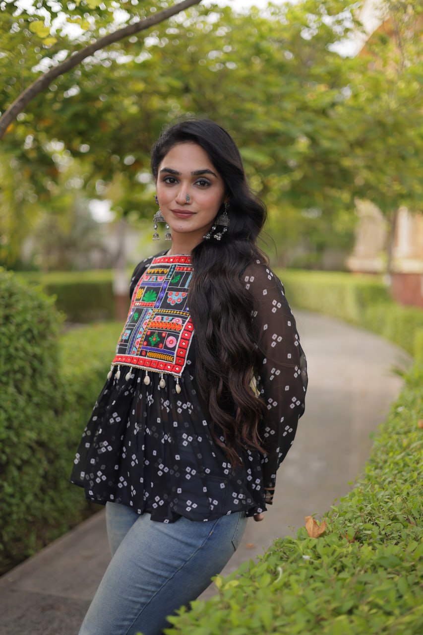 Bandhani Print Top with Kutchi Gamthi Patchwork