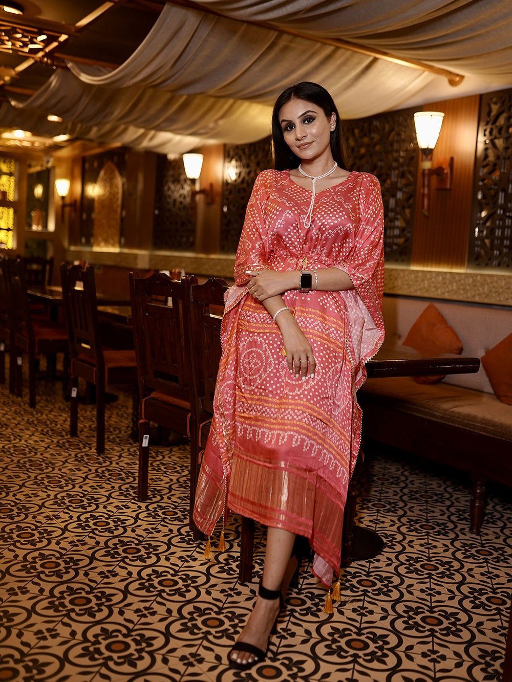 Pink Color Bandhani Printed Pure Gaji Silk Kaftan