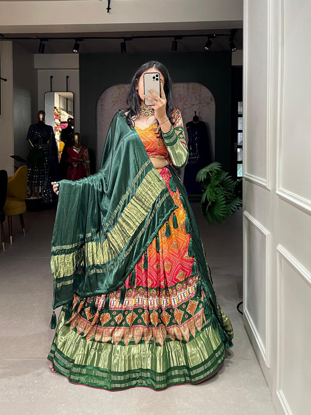 Green Color Patola Printed Gaji Silk Lehenga Choli