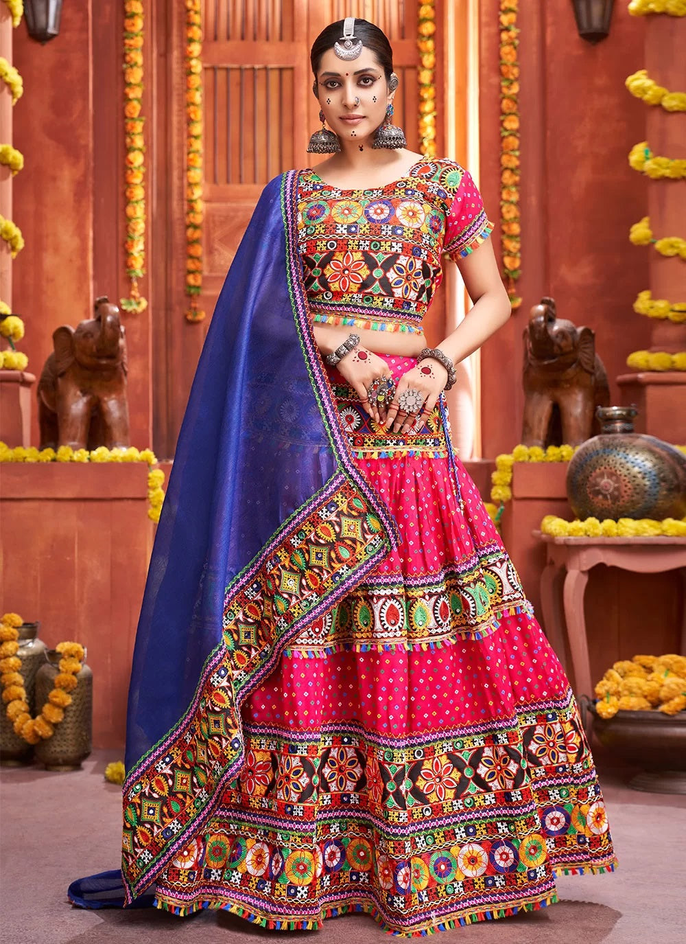 Bandhej print and mirror work cotton silk navratri chaniya choli