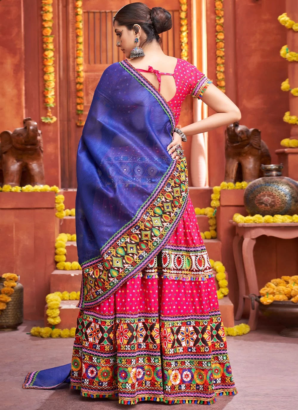 Bandhej print and mirror work cotton silk navratri chaniya choli