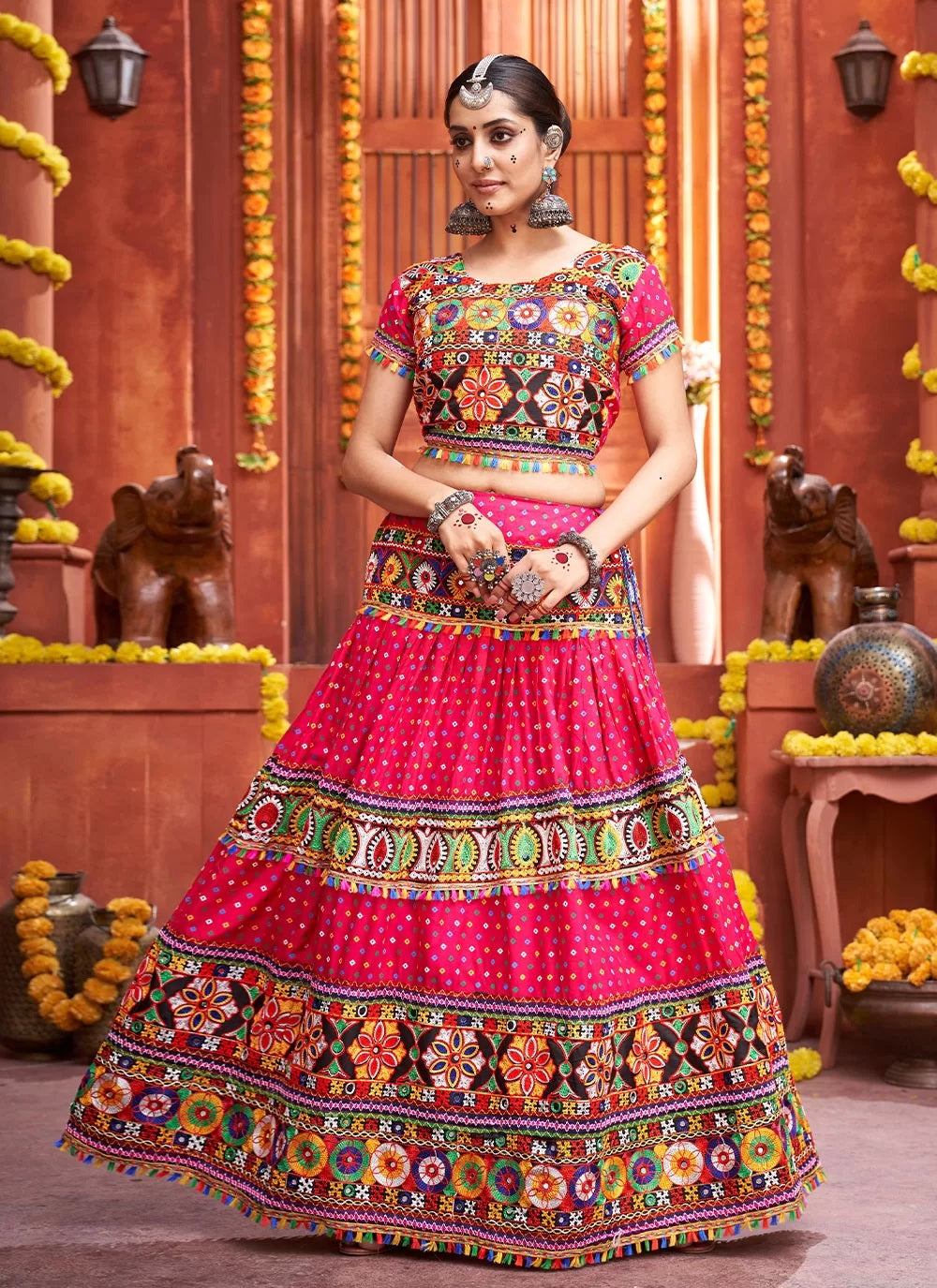 Bandhej print and mirror work cotton silk navratri chaniya choli