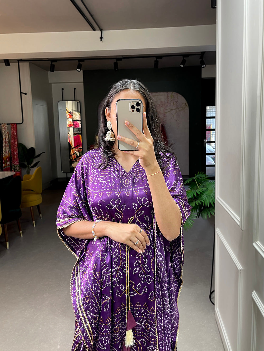 Wine Color Bandhej Print With Gotta Patti Lace Border Gaji Silk Kaftan