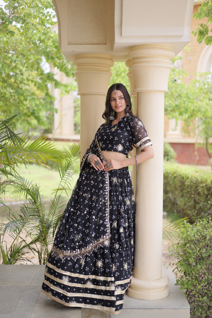 Bandhej Print Sequins Zari Work Lehenga Set