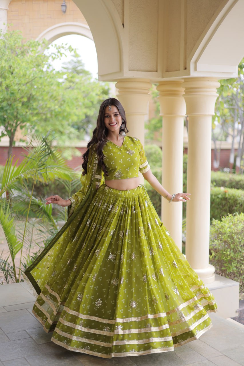 Bandhej Print Sequins Zari Work Lehenga Set