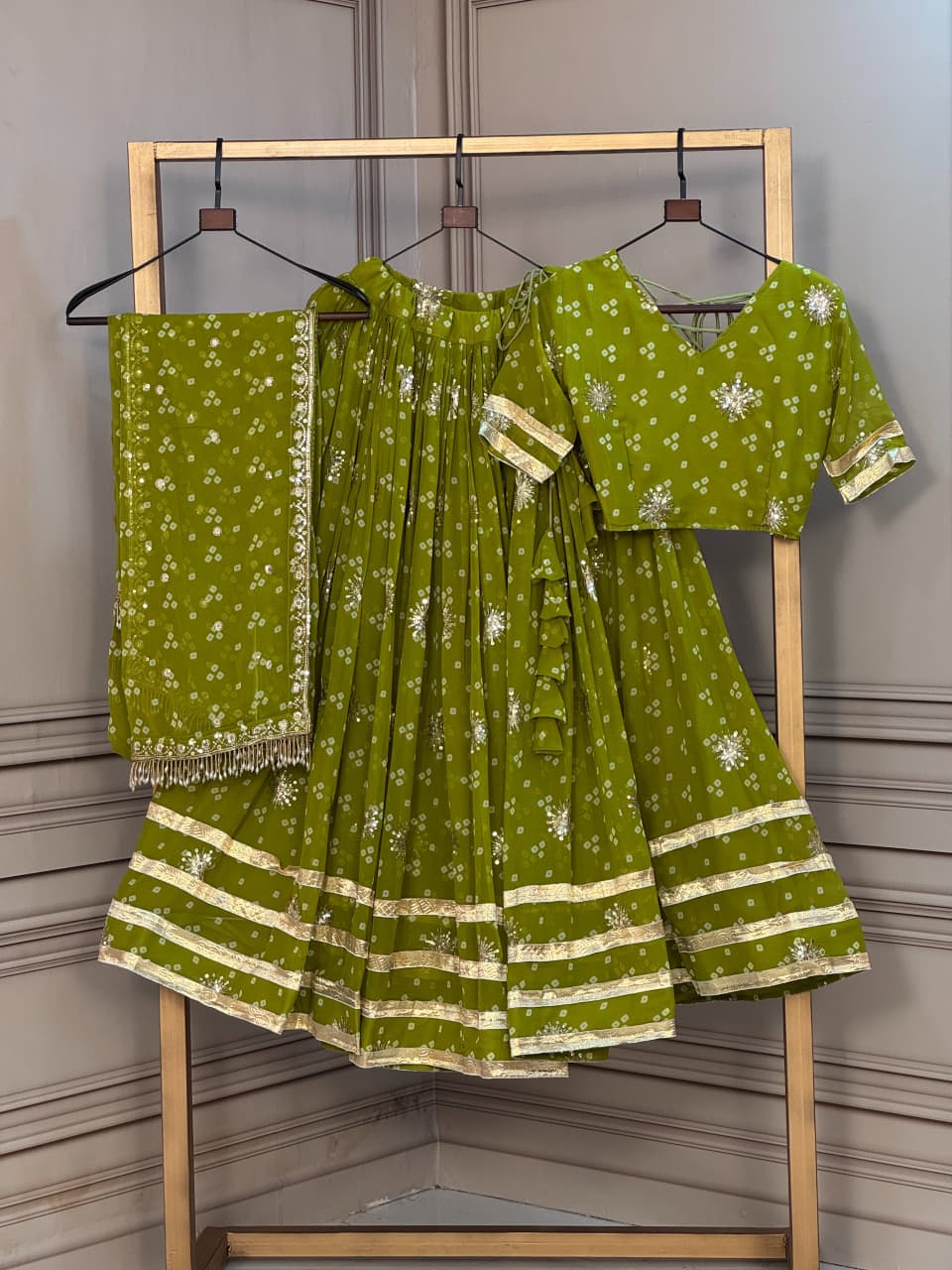 Bandhej Print Sequins Zari Work Lehenga Set